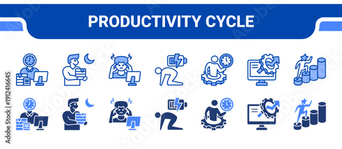 Productivity Cycle Icon Collection,  featuring Workaholic, Overwork, Stress, Fatigue, Time management, Productive, Success.