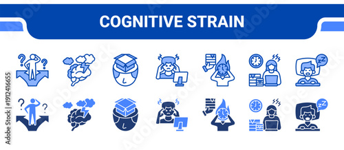 Cognitive Strain Icon Collection,  featuring Confuse, Fog, Empty mind, Stress, Deadline, Overload, Insomnia.