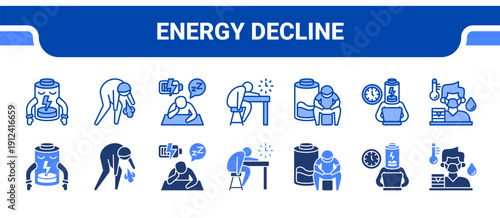 Energy Decline Icon Collection,  featuring Low energy, Drained, Weariness, Sluggish, Diminish, Exhausted, Illness.