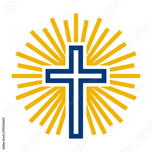 Flat vector illustration of a Christian cross with radiant light rays. Represents faith, Christianity, hope, and religious concepts