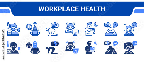 Workplace Health Icon Collection,  featuring Illness, Exhausted, Fatigue, Stress, Overwork, Weariness, Insomnia.