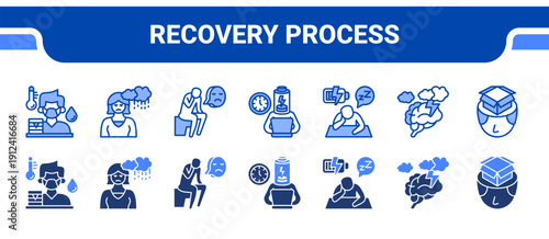 Recovery Process Icon Collection,  featuring Illness, Depressed, Demoralized, Exhausted, Weariness, Fog, Empty mind.