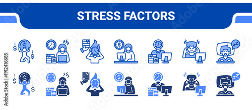 Stress Factors Icon Collection,  featuring Burden, Overload, Deadline, Overtime, Workaholic, Stress, Insomnia.
