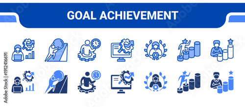 Goal Achievement Icon Collection,  featuring Focus, Hard work, Time management, Productive, Outstanding, Success, Ambition.