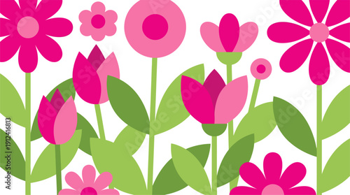 Flat vector illustration of colorful spring flowers with green leaves on a white background. Perfect for floral designs, nature themes, and seasonal decorations.
