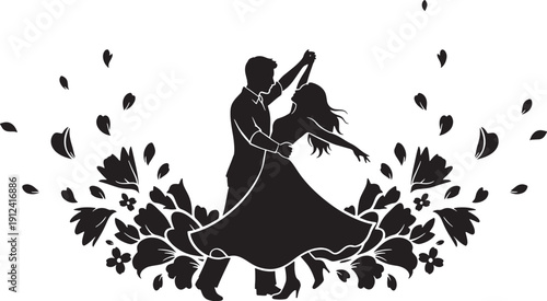 Black silhouette of a couple dancing amidst stylized flowers and petals dancing couple silhouette