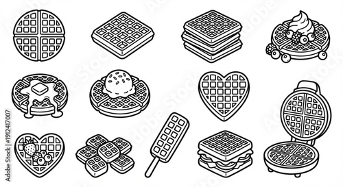 Various Waffle Designs and Related Food Items Illustrated in Isometric Style