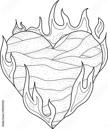 sketch of a heart wrapped in bandages and burned with outlines and small dots