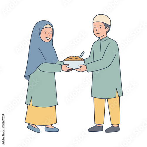 Flat vector illustration of Muslim people sharing sadaqah by giving food to others. Represents kindness, charity, and Islamic values of sharing blessings