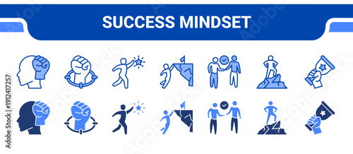 Success Mindset Icon Collection,  featuring Mindset, Focus, Ambition, Determination, Commitment, Courage, Success.