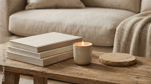 Close-up of wooden coffee table decor with books and candle.