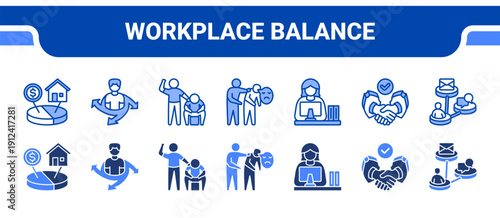 Workplace Balance Icon Collection,  featuring Work life balance, Flexibility, Support, Empathy, Work environment, Trust, Communication.