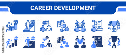 Career Development Icon Collection,  featuring Career advancement, Career growth, Mentorship, Training, Learning center, Performance appraisal, Recognition.