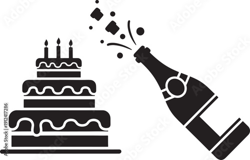 Black silhouette of a tiered cake with candles and a champagne bottle popping celebration