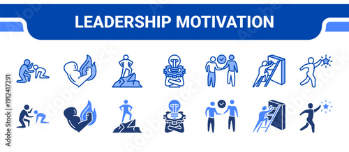 Leadership Motivation Icon Collection,  featuring Drive, Motivation, Courage, Initiative, Commitment, Action, Ambition.