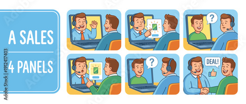Vector illustration set of four panels depicting a sales representative on a video call demoing a product to a client, answering questions, and shaking hands to close a successful business deal.