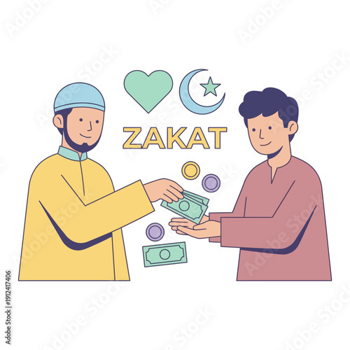 Flat vector illustration of Muslim people sharing sadaqah by giving food to others. Represents kindness, charity, and Islamic values of sharing blessings.