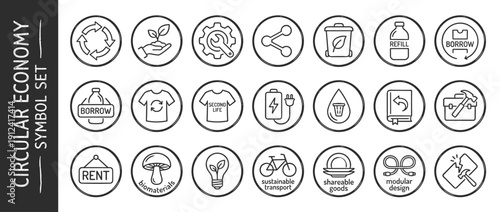 Circular Economy Icon Set Featuring 21 Sustainable Symbols for Reuse, Recycling, and Repair. Vector Line Art Icons for Eco-Friendly Living, Green Energy, Waste Reduction, and Shared Resources.