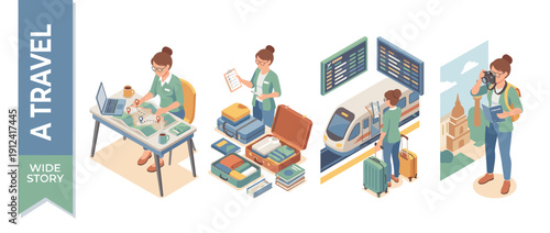 Set of isometric vector illustrations showing a woman planning a travel itinerary with a map, packing a suitcase, waiting at a train station, and taking photos as a tourist on a vacation trip.