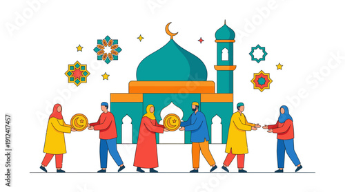 Flat vector illustration of Muslim men giving zakat money. Represents Islamic charity, generosity, and social support concepts.