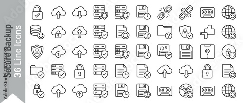 36 Secure Backup and Disaster Recovery Line Icons. Minimal Vector Symbols for Data Protection, Cloud Storage, Server Security, File Recovery, Information Safety, and Cybersecurity Solutions.