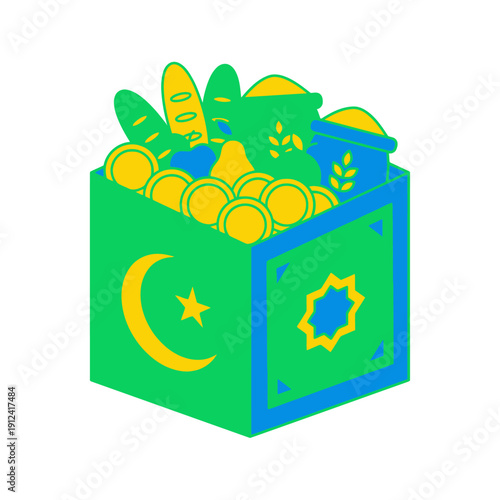 Colorful illustration of stacked charity donation boxes with zakat symbols, crescent moons, hearts, and Islamic elements, representing Ramadan giving, almsgiving, and community support
