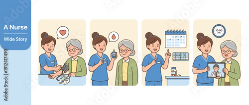 Set of 4 vector illustrations showing a nurse assisting a senior woman with home health care: blood pressure check, glucose monitoring, pill schedule management, and telemedicine doctor visit.