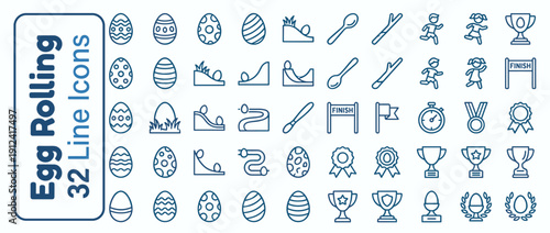 Set of 32 Egg Rolling Race Line Icons featuring Decorated Easter Eggs, Competition Slopes, Spoons, Sticks, Running Children, Finish Lines, Medals, and Trophy Awards for Spring Holiday Games.