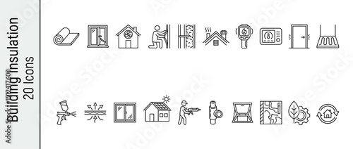 Comprehensive set of 20 building insulation and energy efficiency retrofit line icons featuring thermal imaging, wall insulation, double glazing, solar energy, HVAC, and weatherization symbols.