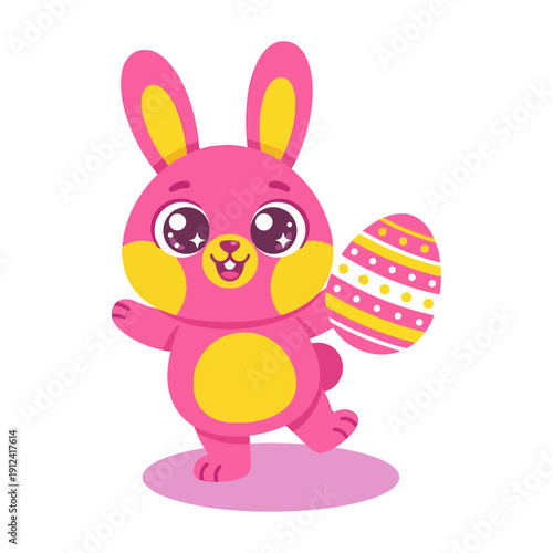 A cute cartoon Easter bunny with long pink ears happily holding a colorful egg and spring flowers, isolated as a white vector illustration for a fun holiday celebration