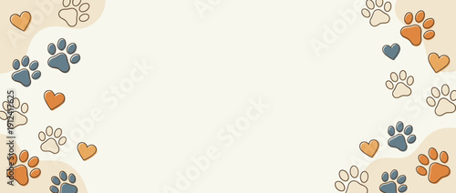 Panoramic vector banner illustration for pet adoption, animal rescue, or veterinary services featuring cute paw prints and heart shapes in warm earthy tones with central copy space for text.