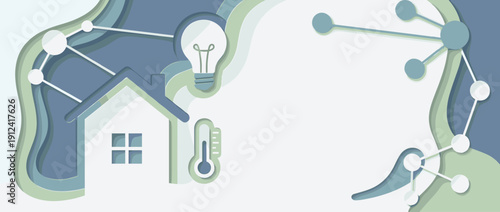 Smart Home Automation and Energy Efficiency Panoramic Vector Banner. Paper-cut Style Illustration with House, Light Bulb, Thermometer, and Network Icons for IoT Technology and Sustainable Living.