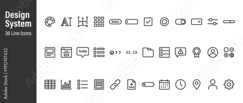 Vector Line Icon Set of 36 Design System Tokens and UI Components; Minimalist Outline Icons for Web Development, App Interface Design, UX/UI Prototyping, Software Engineering, and Digital Products.