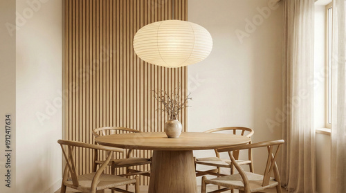 Japandi style dining room with round wooden table and paper lamp.