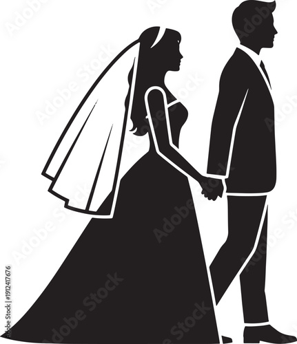 Black silhouette of bride and groom holding hands on wedding day couple marriage