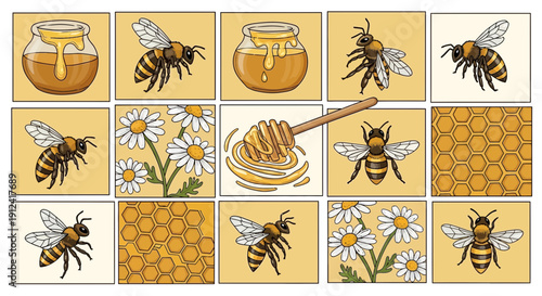 Cartoon bees honeycomb and daisies illustration for design and decoration