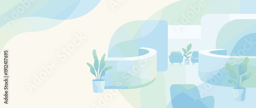 Modern Panoramic Vector Illustration of a Clean Medical Clinic Reception and Waiting Room Area with Soft Rounded Shapes, Potted Plants, and Ample Copy Space for Healthcare and Wellness Banners