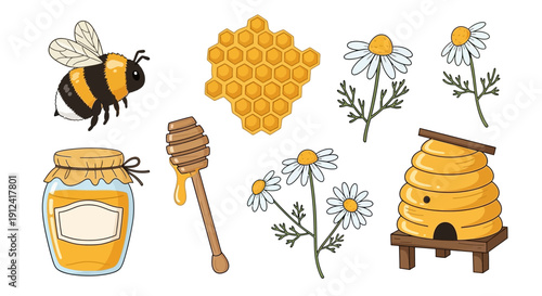 Beehive honeycomb flowers honey jar and bee cartoon illustration