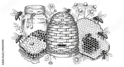 Beehive honeycomb jar bees illustration black and white vector art