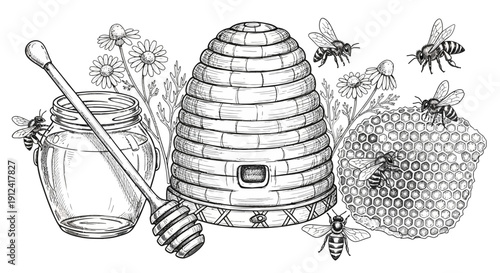 Beehive illustration with honey jar honeycomb bees and flowers vector design