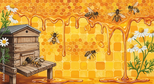 Bees and beehive with flowing honey over textured background illustration