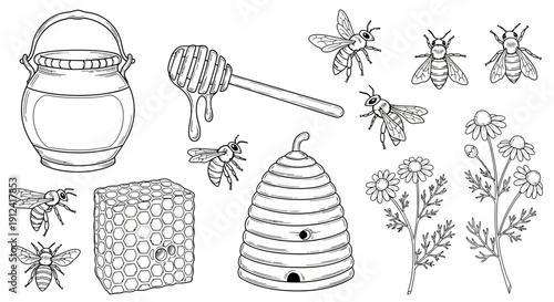Black and white illustration of bees honeycomb and honey related objects