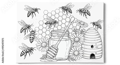 Black and white illustration of bees honeycombs daisies and beehive design