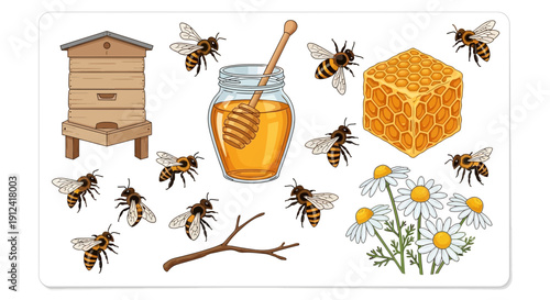 Cartoon bees flying around honey jar honeycomb flowers and beehive illustration
