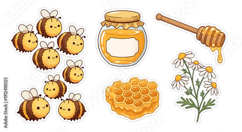 Cartoon bees honey jar comb dipper and chamomile flowers isolated