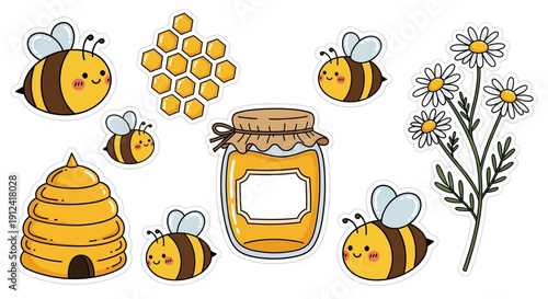 Cartoon bees honey honeycomb and flowers illustrations collection