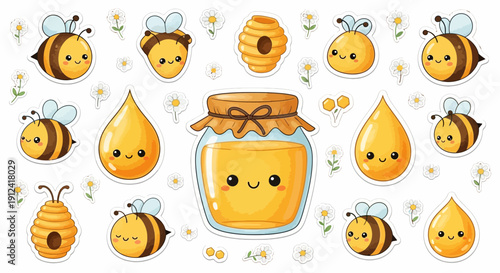 Cartoon bees honey jar and honey drops on white background illustration