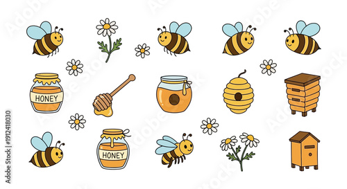 Cartoon bees honey jars and flowers vector illustration for design