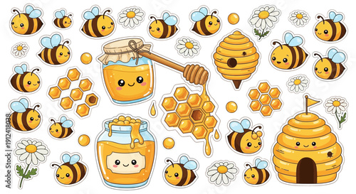 Cartoon bees honey jars and beehives illustration for design elements