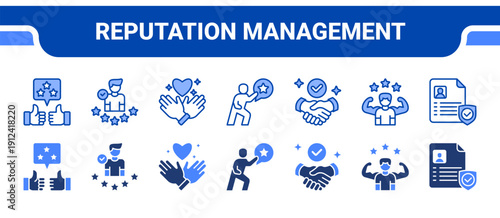 Reputation Management Icon Collection,  featuring Reputation, Credibility, Respect, Dignity, Trustworthiness, Confidence, Authenticity.